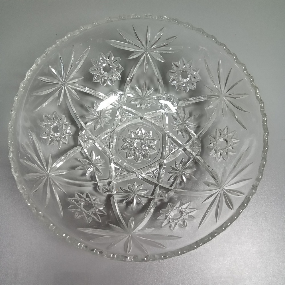 Vintage Cut Glass Starburst Serving Bowl Clear Scalloped Sawtooth Rim 9 Inch